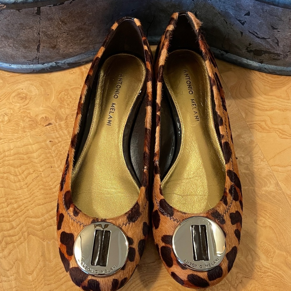 ANTONIO MELANI Animal Print Flats with Gold Accents